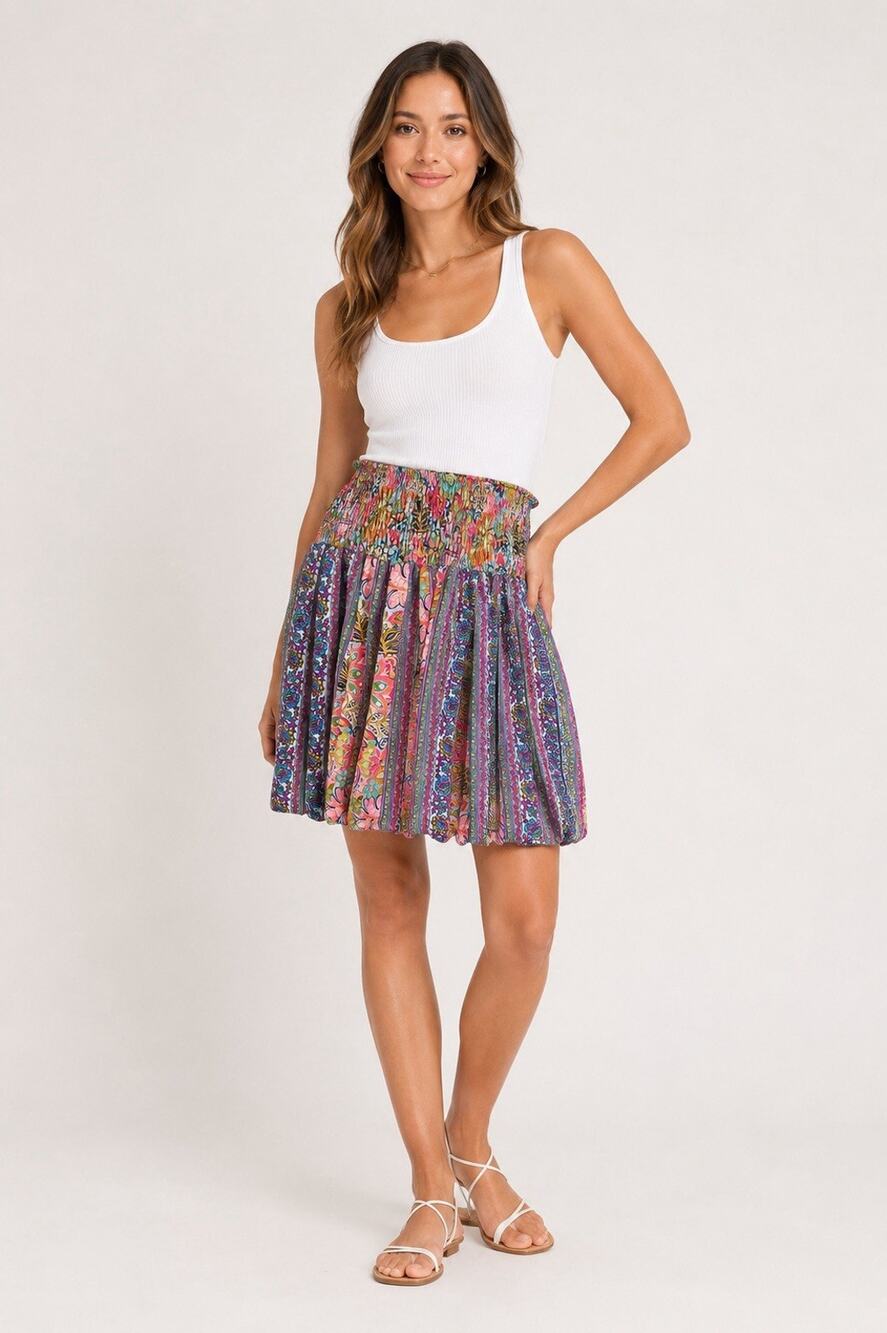 Paani Floral Smocked Circle Skirt Preppy Resort Summer Vacation Womens Large‎
